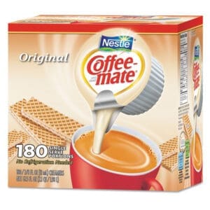 A box of Coffee Mate The Original Liquid Coffee Creamer with 180 single serve packets.