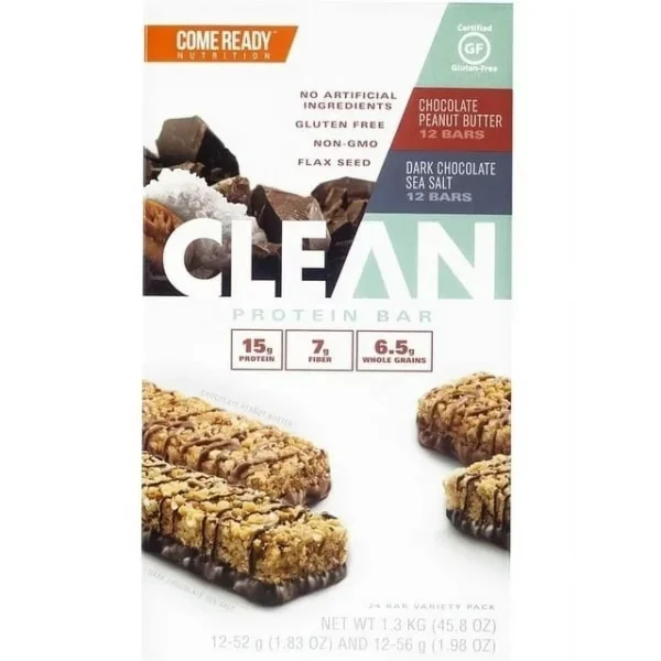 Box of Come Ready Nutrition Clean Protein Bars, Variety Pack with flavors chocolate sea salt and dark chocolate, highlighting gluten-free and natural ingredients.