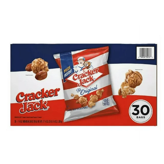 Cracker Jack Original Caramel Coated Popcorn and Peanuts, featuring 30 individual bags with the traditional sailor jack and dog logo, displayed on a blue and white background.