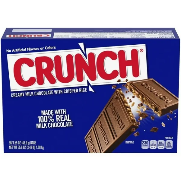 A box of Crunch Bar Candy Bars with two bars partially unwrapped and broken, displaying the crisped rice texture inside.