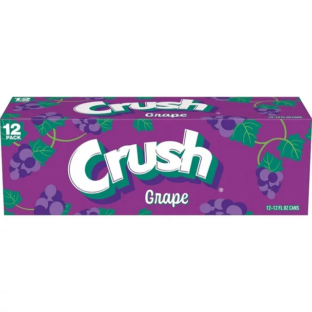 A 12-pack of Crush Grape Soda Cans, featuring a purple box with green and white logo surrounded by images of grapes.