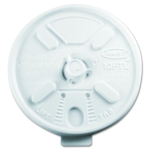 White plastic DART 10FTL Lift N Lock Lid with multiple openings for venting and drinking, embossed text and symbols indicating caution for hot contents.