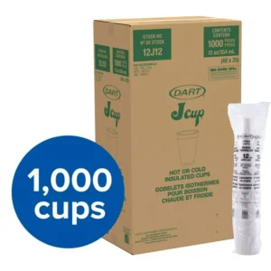 A box labeled "Dart 12J12 Medium Foam Cups, White" with 1,000 insulated cups for hot or cold beverages, displayed next to a stack of wrapped cups.