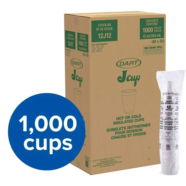 A box labeled "Dart 12J12 Medium Foam Cups, White" with 1,000 insulated cups for hot or cold beverages, displayed next to a stack of wrapped cups.