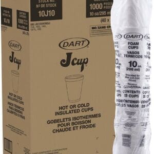 Cardboard box and a plastic-wrapped stack of Dart 10J10 Tall Foam Cups, White, labeled for hot or cold use, with a total count of 1000 pieces.