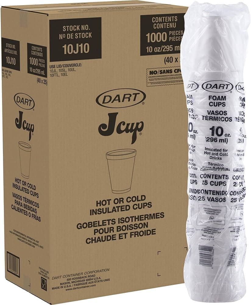 Cardboard box and a plastic-wrapped stack of Dart 10J10 Tall Foam Cups, White, labeled for hot or cold use, with a total count of 1000 pieces.