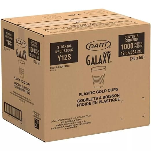 Cardboard box labeled for Dart Galaxy 12oz. Plastic Cups, Clear, with text in english and french, and displayed barcodes and specifications.