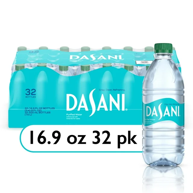 A 32-pack of 16.9 oz DASANI Purified Enhanced Mineral Water bottles, grouped and wrapped in blue-green packaging, isolated on a white background.