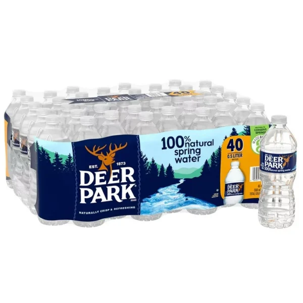 A 40-pack of Deer Park 16.9oz. 100% Natural Spring Water bottles, shrink-wrapped together.