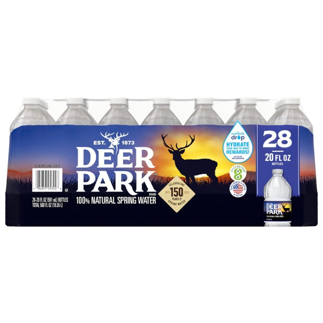 Pack of Deer Park 20oz. 100% Natural Spring Water bottles, 28 count, showing a stag silhouette on the blue label.