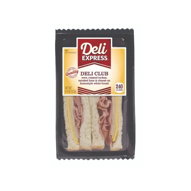 Packaged Deli Express Deli Club Wedge featuring smoked ham, turkey, and cheese on white bread in a clear plastic container.