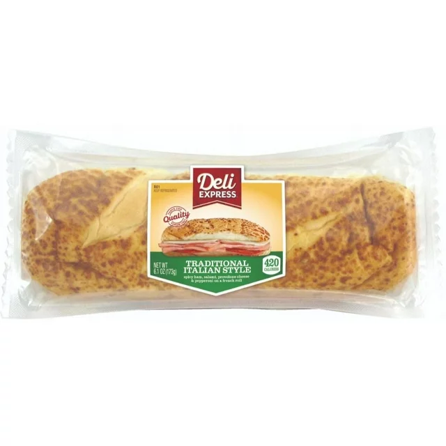 Packaged Deli Express Traditional Italian Style Sub Select in clear plastic wrap, showing a cut sandwich with visible layers.