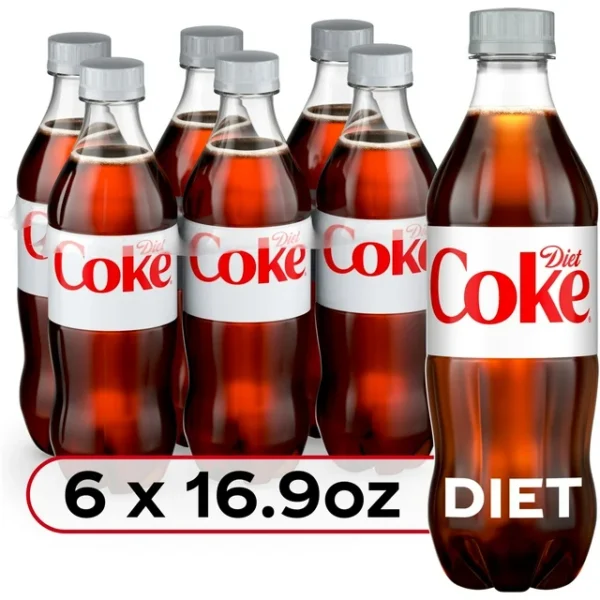 Six bottles of Diet Coke Soda, each 16.9 ounces, arranged in two rows, with a label displaying the quantity and size.