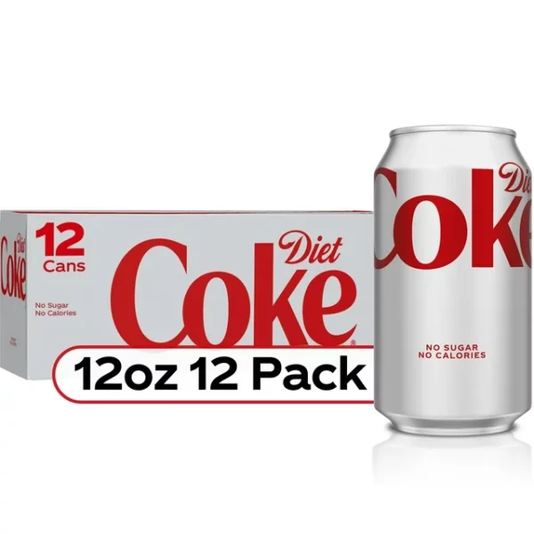 A 12-pack of 12 oz Diet Coke Soda Cans, displayed with one can beside the box, emphasizing "no sugar no calories" on a white and red background.