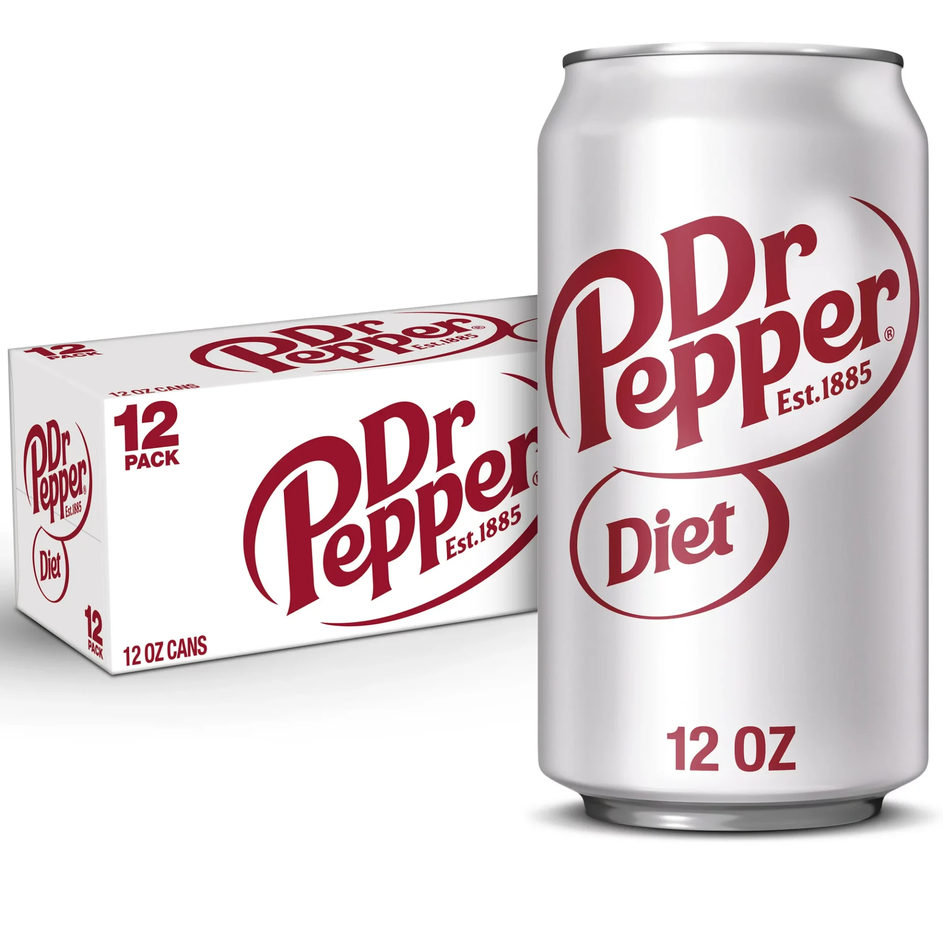 A 12-pack of Diet Dr Pepper Soda Cans and a single can displayed in front, all featuring the classic logo and design.