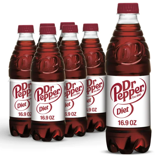 Six bottles of Diet Dr Pepper Soda Bottles, 16.9 oz each, arranged in two rows, isolated on a white background.