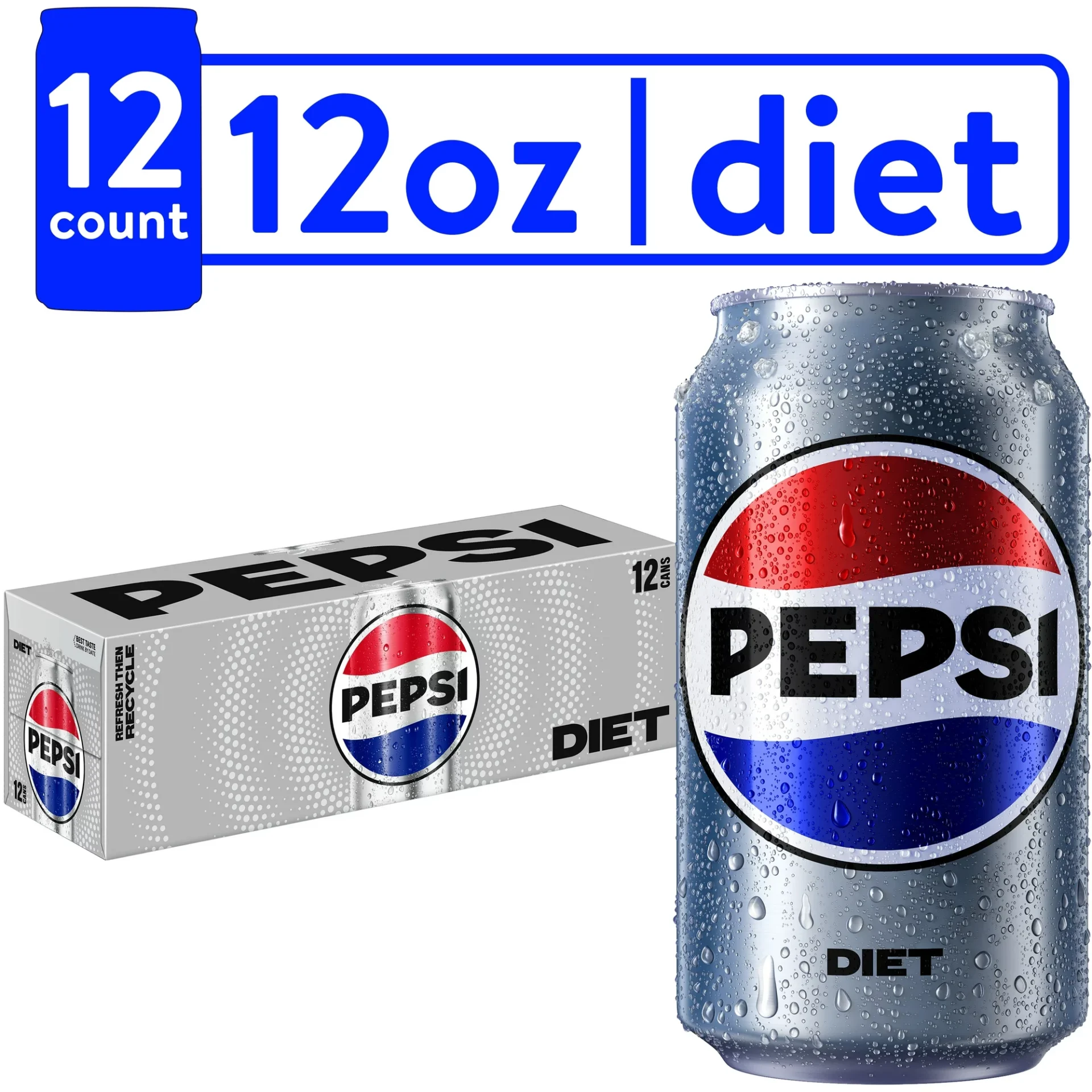 A 12-pack of Diet Pepsi Cola Soda Cans with one can visible in front, featuring the Pepsi logo in blue, red, and white colors.