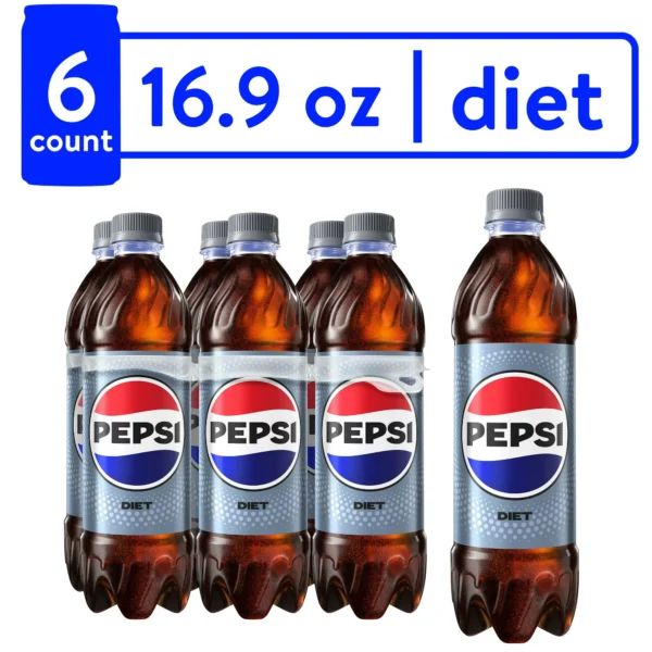 A pack of six Diet Pepsi Cola Soda Bottles, arranged side by side with a blue "diet" label and Pepsi logo visible.