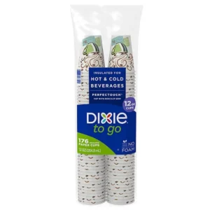 Two packs of Dixie PerfecTouch Insulated Hot/Cold Paper Cups, each containing 12 cups, displayed in a vertical orientation.