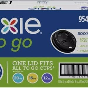 A box of Dixie Sip-Through Dome Hot Cup Lids, Black 12-20 oz., labeled as leak-resistant and fitting 20 oz. and 16 oz. cups, containing 500 lids.