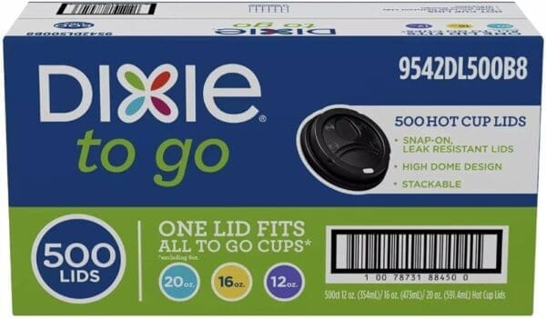 A box of Dixie Sip-Through Dome Hot Cup Lids, Black 12-20 oz., labeled as leak-resistant and fitting 20 oz. and 16 oz. cups, containing 500 lids.