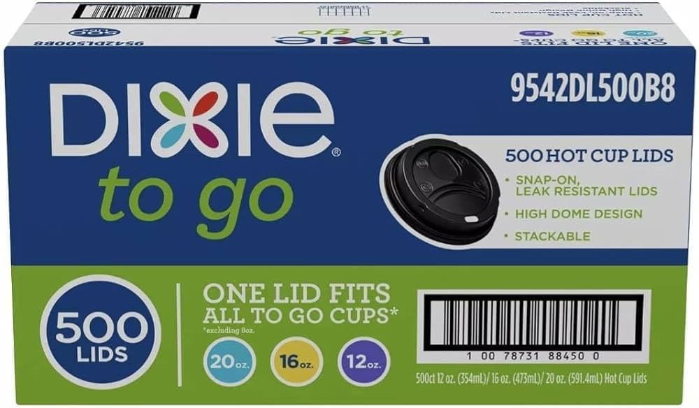 A box of Dixie Sip-Through Dome Hot Cup Lids, Black 12-20 oz., labeled as leak-resistant and fitting 20 oz. and 16 oz. cups, containing 500 lids.