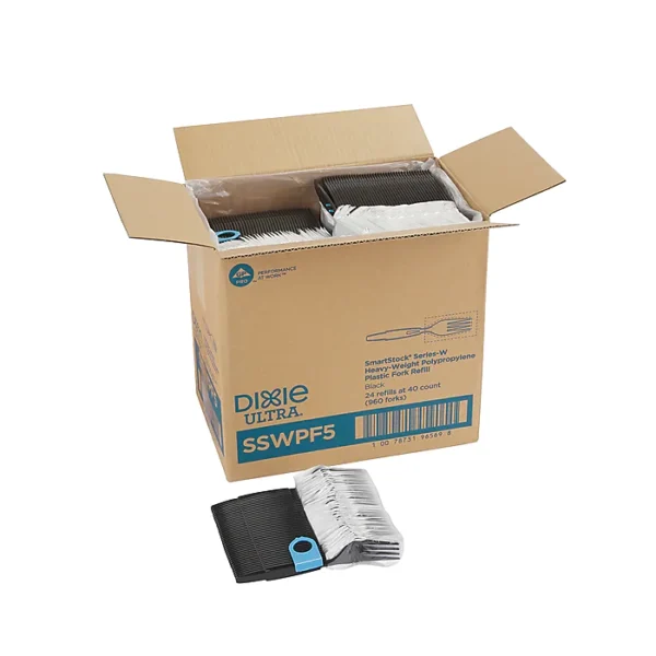 An open Dixie Ultra SmartStock Series-W Individually Wrapped Fork Refill box on a plain background, containing stacks of black and white polystyrene food plates.