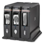 A Dixie Ultra SmartStock Series-T serving spoon dispenser housing forks, knives, and spoons in separate labeled slots.