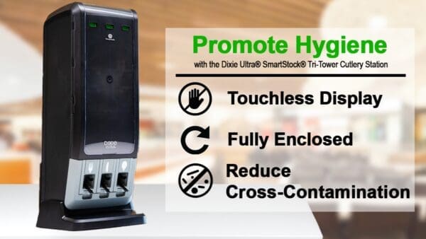 A touchless cutlery dispenser, Dixie Ultra SmartStock Series-T Knife Refill, is advertised with features like hygiene promotion and reduced cross-contamination, displayed in a cafeteria setting.