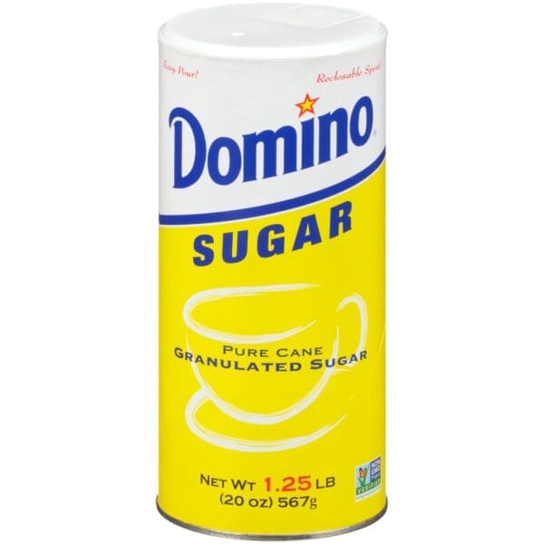 A Domino Sugar Canister, featuring a white and yellow label with a stylized coffee cup design, weighing 1.25 pounds.