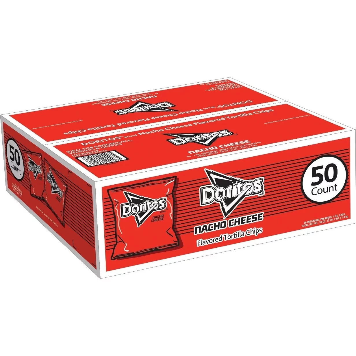 A box of 50-count Doritos Nacho Cheese Tortilla Chips in red and black packaging.