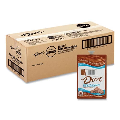 A cardboard shipping box labeled for Dove® Hot Milk Chocolate drink, alongside a Dove® Hot Milk Chocolate packet with nutritional information.