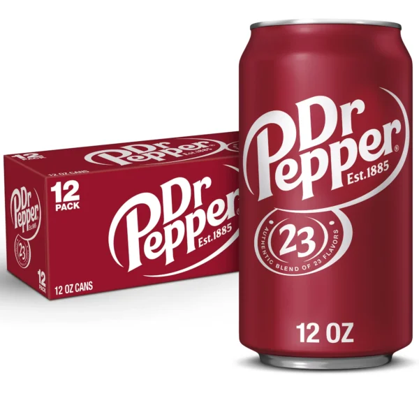 A 12-pack box and a single can of Dr Pepper Soda Cans, both marked with the logo and "est. 1885" alongside the mention of 23 flavors, set against a white background.