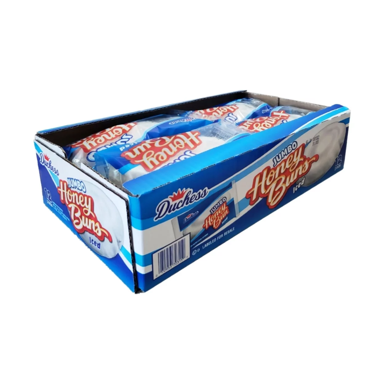 A box of Duchess Jumbo Iced Honey Buns with visible individually wrapped pastries inside, isolated on a white background.