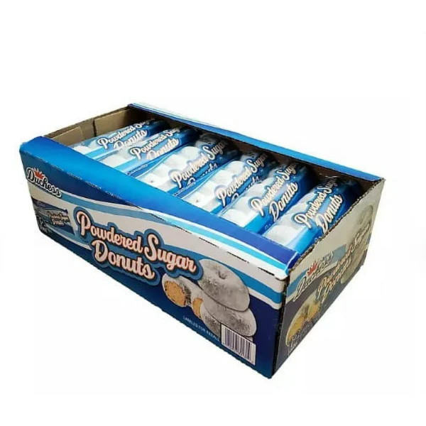 A box containing multiple packages of Duchess Mini Powdered Sugar Donuts on a white background.