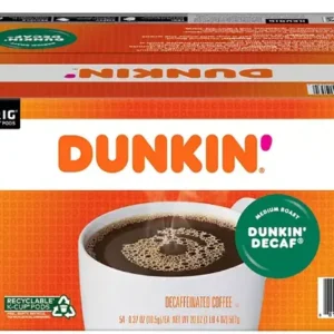 Box of Dunkin' Donuts Decaf Coffee K-Cups, Medium Roast contains 54 medium roast, decaffeinated coffee pods with a Keurig compatibility label and recycling symbol.