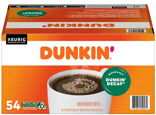 Box of Dunkin' Donuts Decaf Coffee K-Cups, Medium Roast contains 54 medium roast, decaffeinated coffee pods with a Keurig compatibility label and recycling symbol.