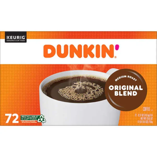 Box of Dunkin' Donuts Medium Roast K-Cup Coffee Pods, Original Blend, 72 count, with recyclable logo.