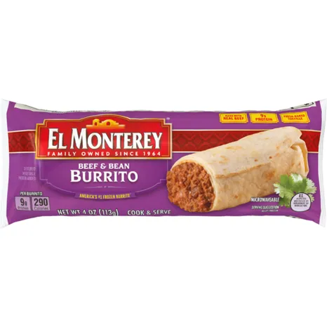 Packaged El Monterey Beef & Bean Burrito in a purple wrapper, labeled as microwaveable with a picture of the burrito cut in half, showing its filling.