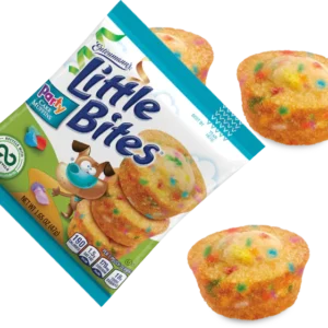 A package of Entenmann's Little Bites Party Cake Muffins displayed alongside two muffins with colorful sprinkles, isolated on a white background.