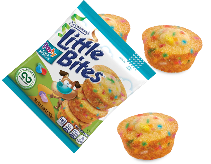 A package of Entenmann's Little Bites Party Cake Muffins displayed alongside two muffins with colorful sprinkles, isolated on a white background.