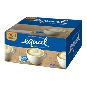 Sentence with Product Name: Box of Equal Zero Calorie Sweetener containing 1000 packets, depicted with images of coffee cups on the packaging.