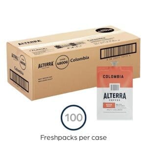 A cardboard box labeled "FLAVIA ALTERRA Coffee, Colombia" containing 100 freshpacks displayed next to a single coffee pack.