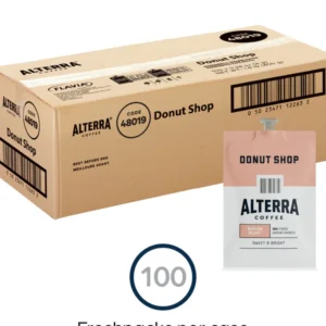 A cardboard box labeled "FLAVIA ALTERRA Coffee, Donut Shop Blend" with a visible bar code and coffee label, indicating it contains 100 coffee pods.