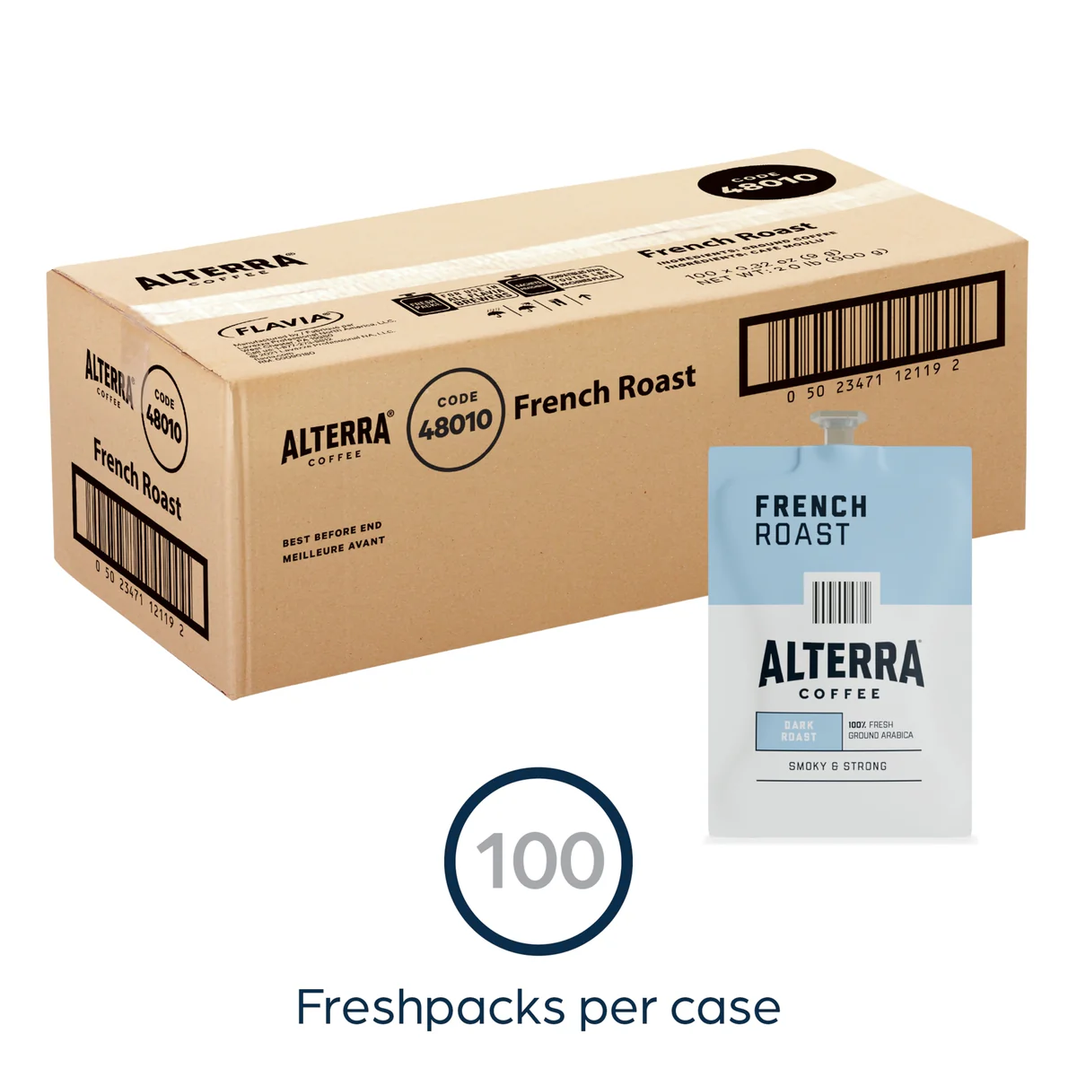 Cardboard box labeled "FLAVIA ALTERRA Coffee, French Roast, 100 freshpacks per case" alongside a sample freshpack with the same branding.