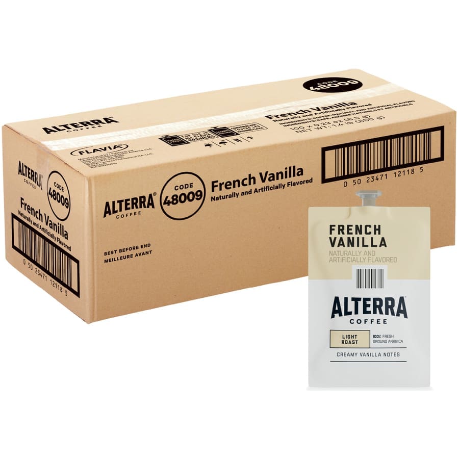 A carton of FLAVIA ALTERRA COFFEE, French Vanilla flavor, with a packet of the same coffee displayed in front.