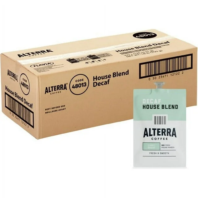 A cardboard box of FLAVIA ALTERRA Coffee, House Blend Decaf with a frontal view of a single-serve coffee packet visible.