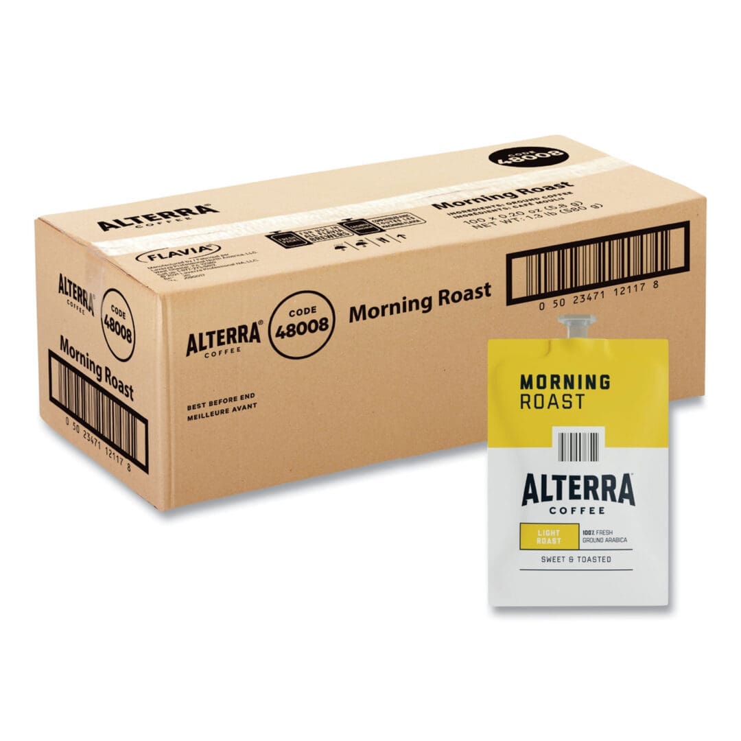 A cardboard box labeled "FLAVIA ALTERRA Coffee, Morning Roast" with a close-up of a coffee packet in front.