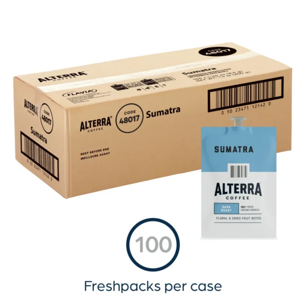 Box of FLAVIA ALTERRA Coffee, Sumatra freshpacks with a label showing the logo and product details, including "100 freshpacks per case.