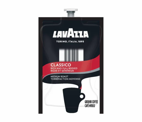 A FLAVIA Lavazza® Classico Coffee bag featuring a sleek design with a prominent logo, a cup illustration, and text detailing the coffee type as "classico, medium roasted.